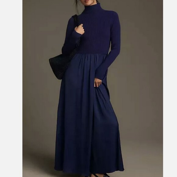 Anthropologie The Thea Twofer Sweater Dress Mock Neck Dark Blue Size S Small NEW - Picture 4 of 5